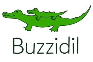 Buzzidil Logo. Großes Krokodil trägt ein kleines Krokodil auf dem Rücken